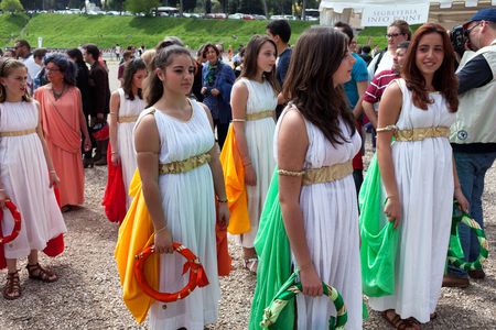 ROME, ITALY - APRIL 19, 2015: Birth of Rome festival - Actors dressed as ancient Roman Praetorian soldiers attend a parade to commemorate the 2,768th anniversary of the founding of Rome.のeditorial素材