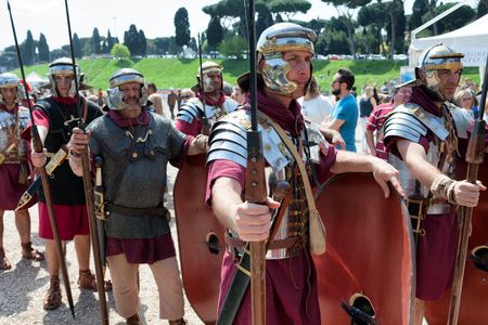ROME, ITALY - APRIL 19, 2015: Birth of Rome festival - Actors dressed as ancient Roman Praetorian soldiers attend a parade to commemorate the 2,768th anniversary of the founding of Rome.のeditorial素材