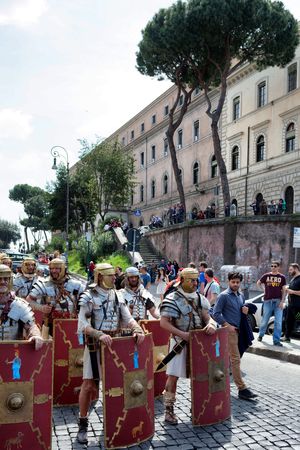 ROME, ITALY - APRIL 19, 2015: Birth of Rome festival - Actors dressed as ancient Roman Praetorian...