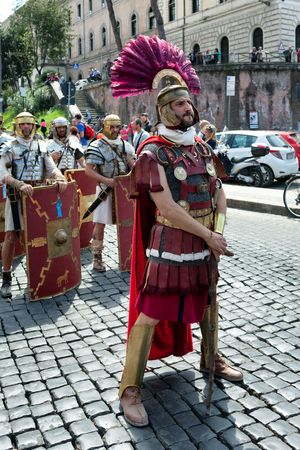 ROME, ITALY - APRIL 19, 2015: Birth of Rome festival - Actors dressed as ancient Roman Praetorian soldiers attend a parade to commemorate the 2,768th anniversary of the founding of Rome.のeditorial素材