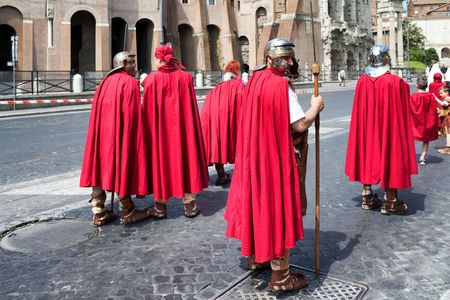 ROME, ITALY - APRIL 19, 2015: Birth of Rome festival - Actors dressed as ancient Roman Praetorian soldiers attend a parade to commemorate the 2,768th anniversary of the founding of Rome.のeditorial素材