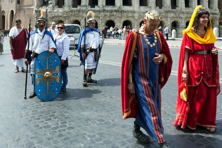 ROME, ITALY - APRIL 19, 2015: Birth of Rome festival - Actors dressed as ancient Roman Praetorian soldiers attend a parade to commemorate the 2,768th anniversary of the founding of Rome.のeditorial素材