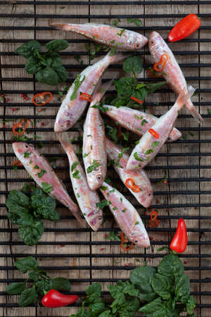 Raw red mullet fish seasoned with sweet red pepper, valerian and peppercorns, prepared to be grilled, overhead shot.の写真素材