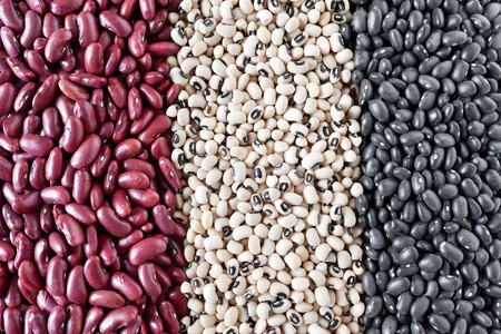 Variety of dried beans in vertical rows, from left to right: kidney beans, black-eyed beans and black lentils (vigna mungo).の写真素材