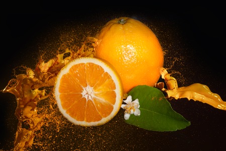 Fresh oranges inside orange juice splash, isolated on black background.の写真素材