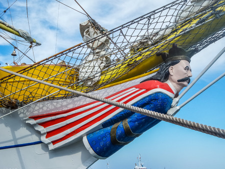 Bow of Mircea, Romanian three masted barque used as a training vessel for the Romanian Navy. The ship was named after The Wallachian Prince Mircea the Elder whose figure is represented on the bow.のeditorial素材