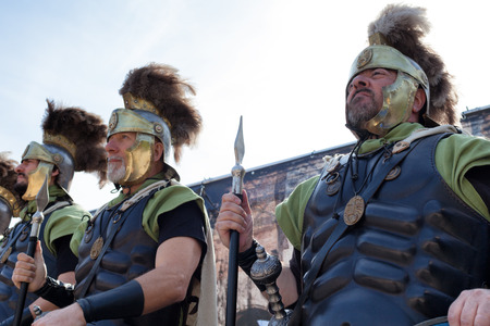 ROME, ITALY - APRIL 19, 2015: Birth of Rome festival - Actors dressed as ancient Roman Praetorian soldiers attend a parade to commemorate the 2,768th anniversary of the founding of Rome.のeditorial素材