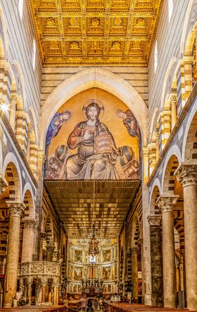 Interior of Pisa Cathedral, a medieval Roman Catholic cathedral dedicated to the Assumption of the Virgin Mary, in the Piazza dei Miracoli in Pisa, Italy.のeditorial素材