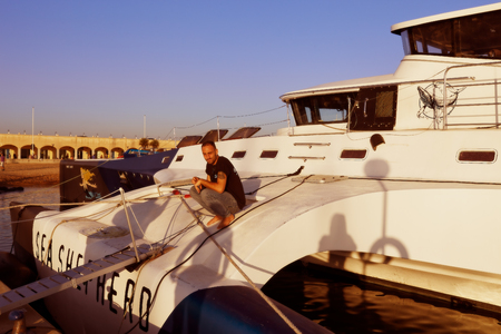 OSTIA, LAZIO, ITALY - OCTOBER 18, 2014: The trimaran of Sea Shepherd Brigitte BardotÂ docks in the port of Ostia. Has participated in 3 Antarctic campaigns saving hundreds of whales.のeditorial素材