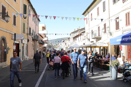 MANZIANA, LAZIO, ITALY - OCTOBER 14, 2017: Peopleon the streets celebrating one of the most popular and awaited local events, the festival of the local chestnut.のeditorial素材