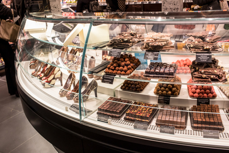 ROME, ITALY - DECEMBER 30, 2017: Chocolate shop at the sixth floor of the new shopping center La Rinascente in Rome with a big variety of Italian confectionery.のeditorial素材