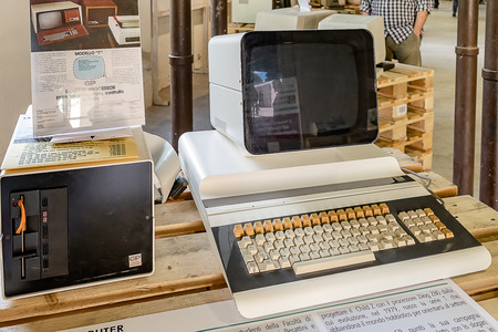 ROME, ITALY - APRIL 27, 2019: T8 computer produced by General Processor Italy in 1980, which leaves...