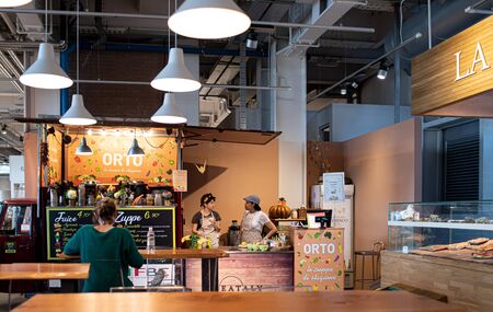 ROME, ITALY - FEBRUARY 17, 2019: Eataly restoration area build in an original formula that combines sales and restaurant spaces with areas dedicated to moments of sociability.のeditorial素材
