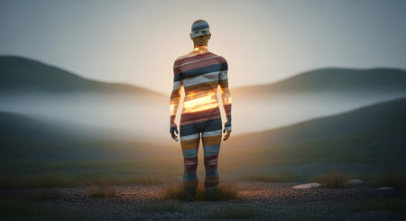 A person wearing a headdress and a striped shirt stands in front of a stunning mountain range with the sun setting behind them, casting a warm glow.の素材