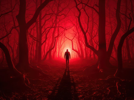 Mysterious figure approaches the red glow in a haunted forestの素材