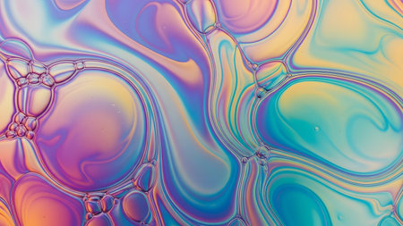 A colorful, shimmering oil slick pattern with swirling shapes in shades of purple, blue, green, and orange, set against a clean white background.の素材