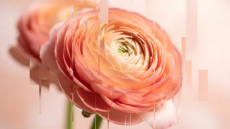 A close-up of delicate peach-colored ranunculus flowers with lush petals, set against a clean white background, ideal for floral designs and botanical themes.の素材