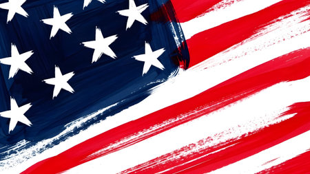 A close-up view of the American flag featuring white stars on a blue background and red and white stripes.の素材