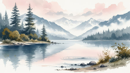 Serene mountain lake at duskの素材