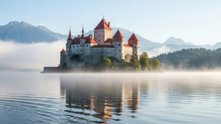 Majestic castle on a misty lakeの素材