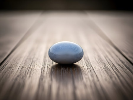 A close-up photograph of a single blue pill resting on a wooden surface. The pill is centered and slightly out of focus, with the wooden texture providing a contrasting background.の素材