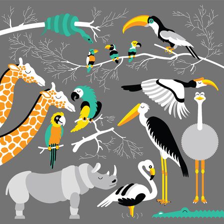 Set of african animals and birds. flat african animals. Each animals and birds are isolated and separately grouped.のイラスト素材
