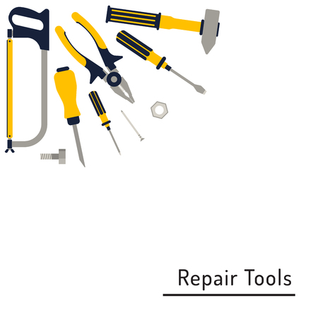 Construction repair tools flat icon set. Tools like hammer, axe, ruler, hatchet home repair. Isolated tools flat set.のイラスト素材