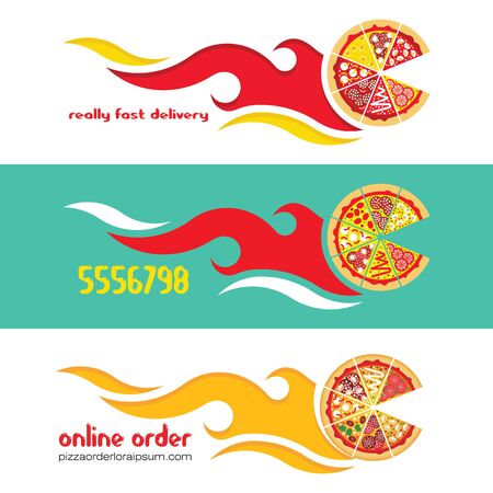 Flat pizza delivery banners. Vector fast food banner. Flat vector pizza express delivery. Vector fast food delivery banner.のイラスト素材