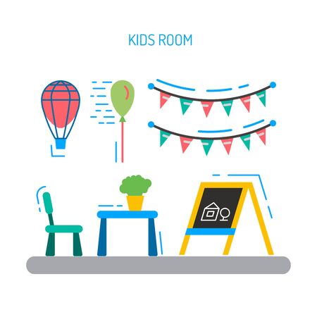 Set of elements for a childrens room. The interior of the nursery for games. Childrens room vector.のイラスト素材