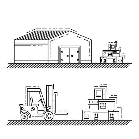 The warehouse work with loading and unloading of cargo. Warehouse complex style linear, outline. Forklift works in a warehouse.のイラスト素材