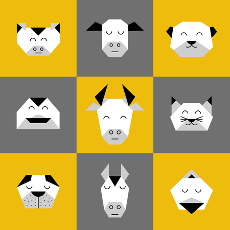 Stylized vector animals. Animal triangle heads. Vector origami animals. Geometric line design icon set. Vector origami animals for tattoo or coloring book. Vector origami farm animals collection.のイラスト素材