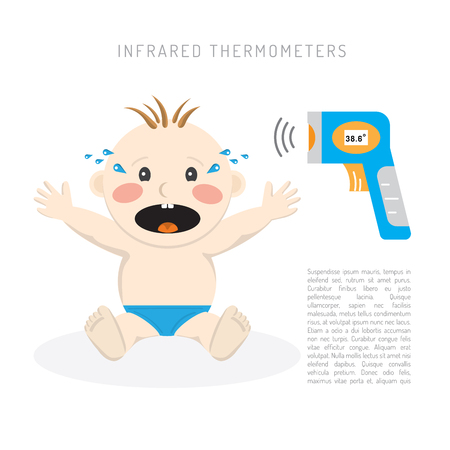 Temperature measurement of a small child vector illustration, rapid detection of high temperature in a child with an infrared thermometer during an illnessのイラスト素材