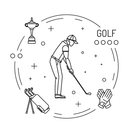 Set of elements for the game of Golf is painted in outline style. Putter for Golf.のイラスト素材