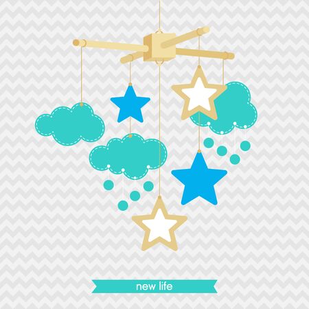 Baby shower invitation, template. Illustration of baby mobile: stars and clouds. Isolated baby mobile for scrap booking, cards, baby shower. Vector baby mobile.のイラスト素材