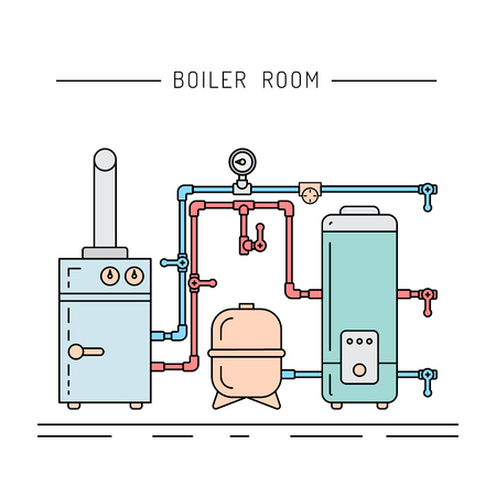 The set of items of equipment for boiler rooms and heating in the cold season. Heating boiler, Bolek, water heater, heat accumulators, battery painted in the style outline, linearのイラスト素材