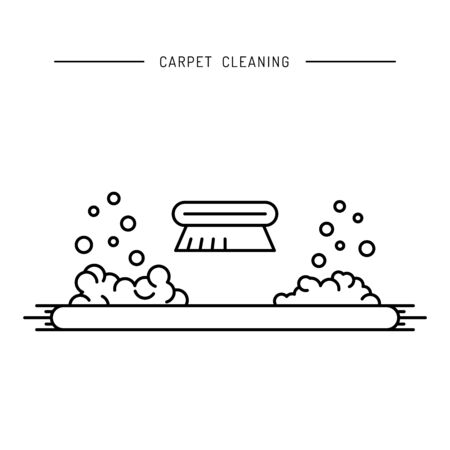 Cleaning of carpets with vacuum cleaner and detergents drawn in a linear fashion. Vector of the cleaning company, booklet, flyerのイラスト素材