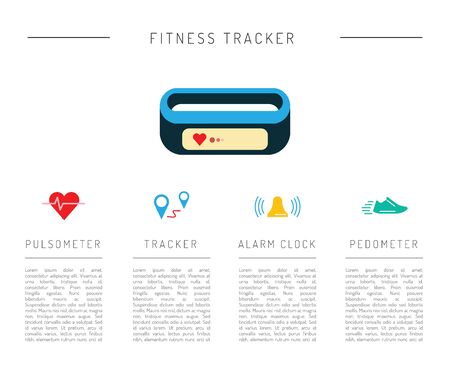 Set of icons fitness bracelet. Fitness tracker pedometer. Fitness tracker with alarm function. Sync fitness tracker and smart phone. Fitness tracker with heart rate monitor function. Linear style.のイラスト素材