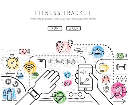 Wearable electronics, gadget fitness or activity tracker bracelet that reads the state of the body during daily life and sports activities in the gym or outdoors. Set icons performed in a linear styleのイラスト素材