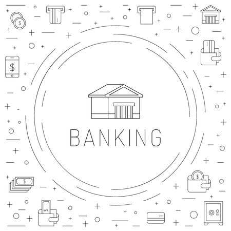 Vector set of icons in linear style on the subject of money, Finance, banking, ATMsのイラスト素材