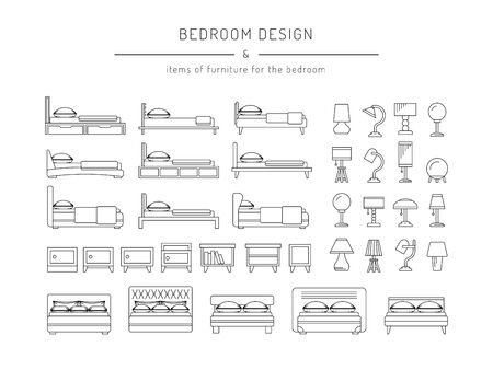 A set of furniture for the bedroom, beds, bedside tables and table lamps in a linear, outline fashionのイラスト素材