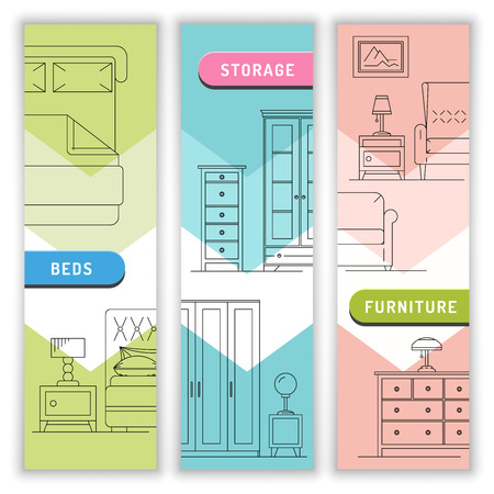 A banner of furniture for the bedroom, beds, bedside tables and table lamps in a linear, outline fashion. Storage in the bedroom and in the house.のイラスト素材