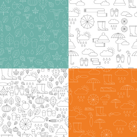 Set autumn seamless pattern of elements symbolizing autumn, and autumn mood. The pattern is executed in a outline style.のイラスト素材