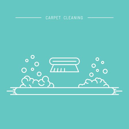 Cleaning of carpets with vacuum cleaner and detergents drawn in a linear style. Vector of the cleaning company, booklet, flyerのイラスト素材