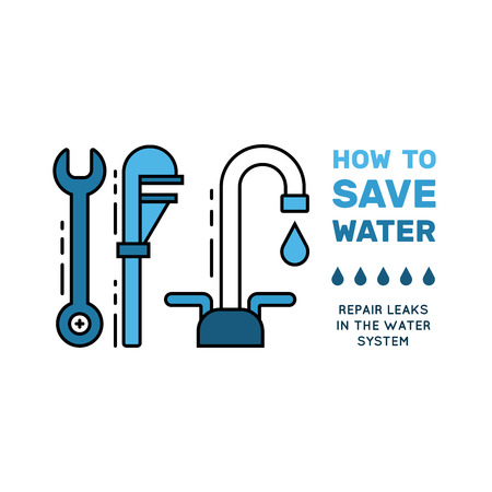 Illustration with tips on saving water consumption by man in a house to reduce financial costs and reduce the amount of accounts with water consumption. Outline icon and symbol saving water.のイラスト素材