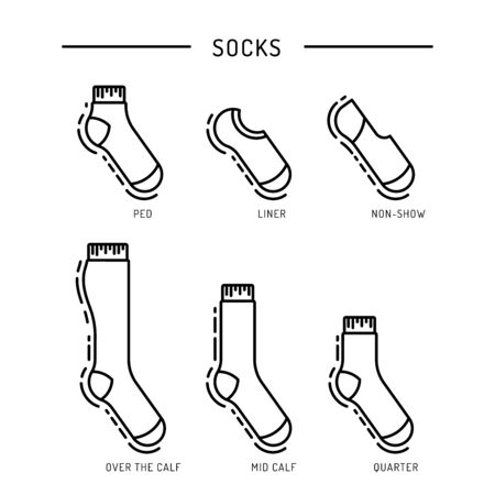 Outline design monochrome socks set vector illustration. Textile warm clothes socks pair cute decoration wool winter clothing.のイラスト素材