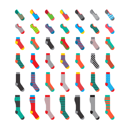 Flat design colorful socks set vector illustration. Textile warm clothes socks pair cute decoration wool winter clothing.のイラスト素材