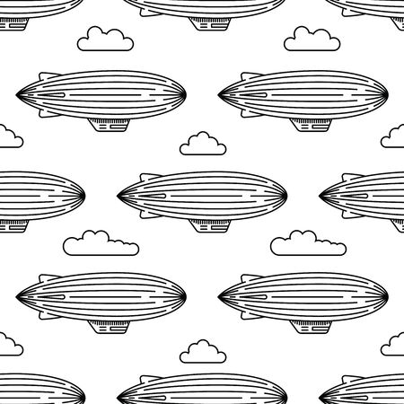 Dirigible and hot air balloons airship. Scandinavian trend seamless pattern with balloons and airships. Elements are drawn in vector in a linear styleのイラスト素材