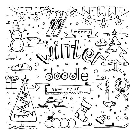 Winter doodles collection. Doodles on the winter theme, ready for the next elements drawn hand with inkのイラスト素材