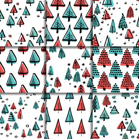 Scandinavian seamless pattern of Christmas tree vector hand-drawing graphics.のイラスト素材