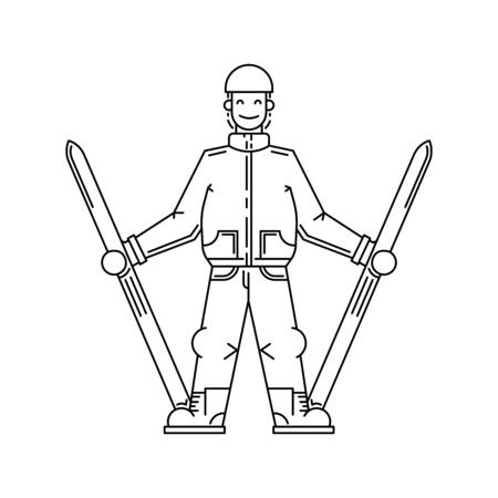 Cartoon mountain skier men standing with ski in hand, drawn in the outline styleのイラスト素材